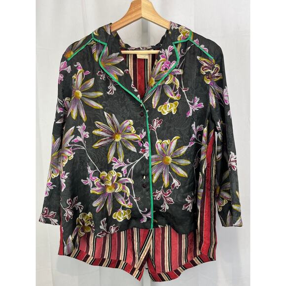 E Eloise ANTHROPOLOGIE Juniper Floral Stripe Pajama Top Split Back Green Red M - Picture 1 of 12